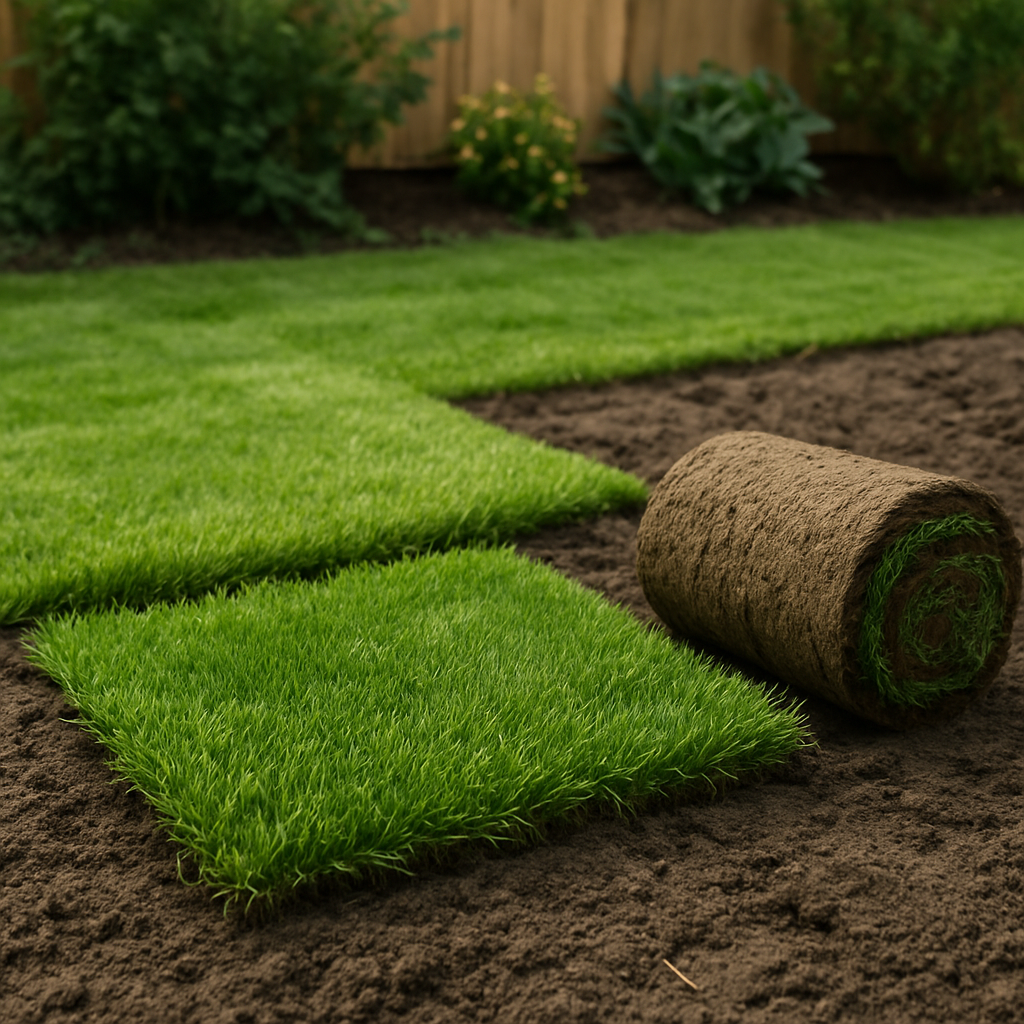 Frisch verlegter Rollrasen im Garten